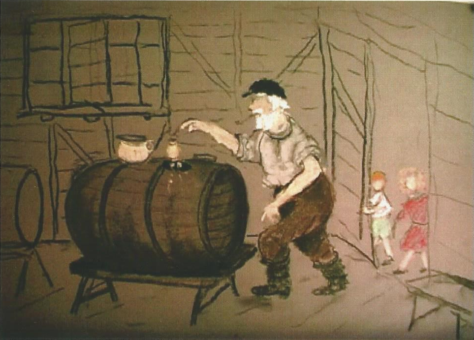 A jug being lowered into a barrel of home-made dandelion wine