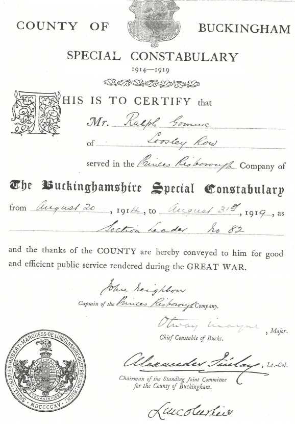 Special Constable Ralph Gomme's Certificate.