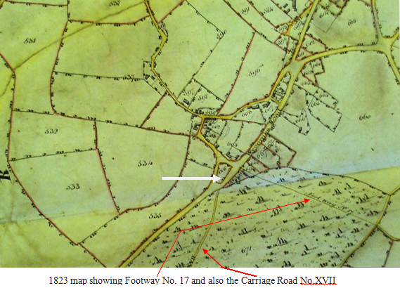 1823 map showing Plot 605, Footway No. 17 and also the Carriage Road No.XVII 